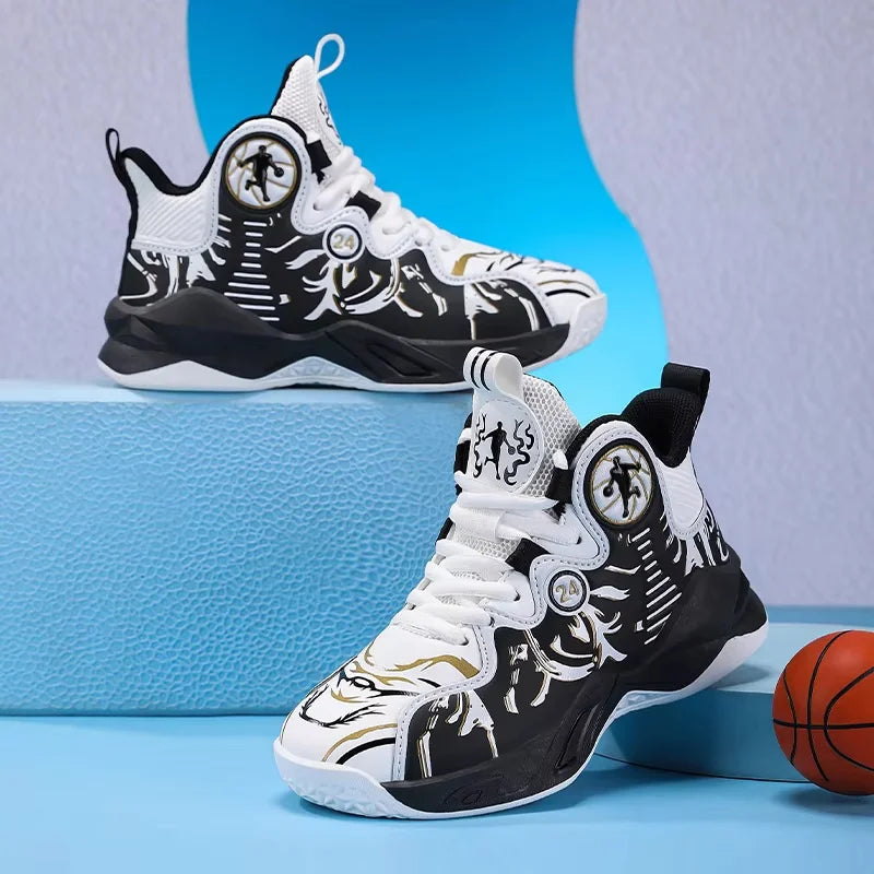 A pair of children's four-season high-top leather basketball shoes, wear-resistant and soft sneakers, sizes 31-37,YY-Y2876